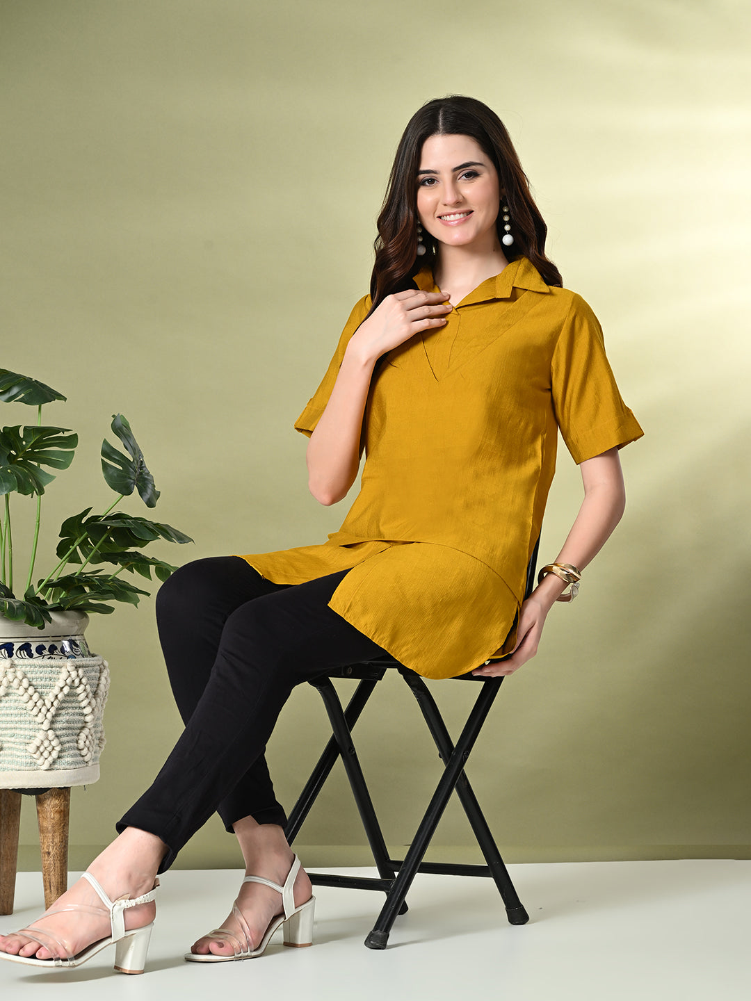 Myshka Women's Solid A-Line Collared Neck Casual Tunic In Mustard Color - Distacart