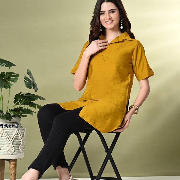 Myshka Women's Solid A-Line Collared Neck Casual Tunic In Mustard Color - Distacart