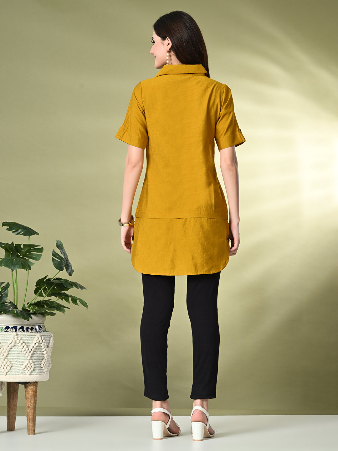 Myshka Women's Solid A-Line Collared Neck Casual Tunic In Mustard Color - Distacart