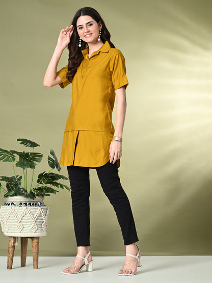 Myshka Women's Solid A-Line Collared Neck Casual Tunic In Mustard Color - Distacart
