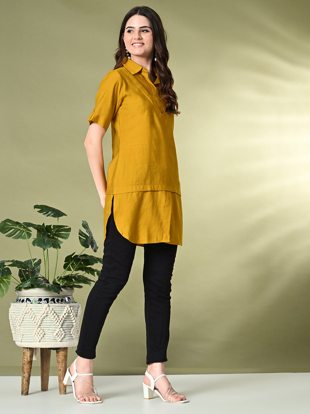 Myshka Women's Solid A-Line Collared Neck Casual Tunic In Mustard Color - Distacart