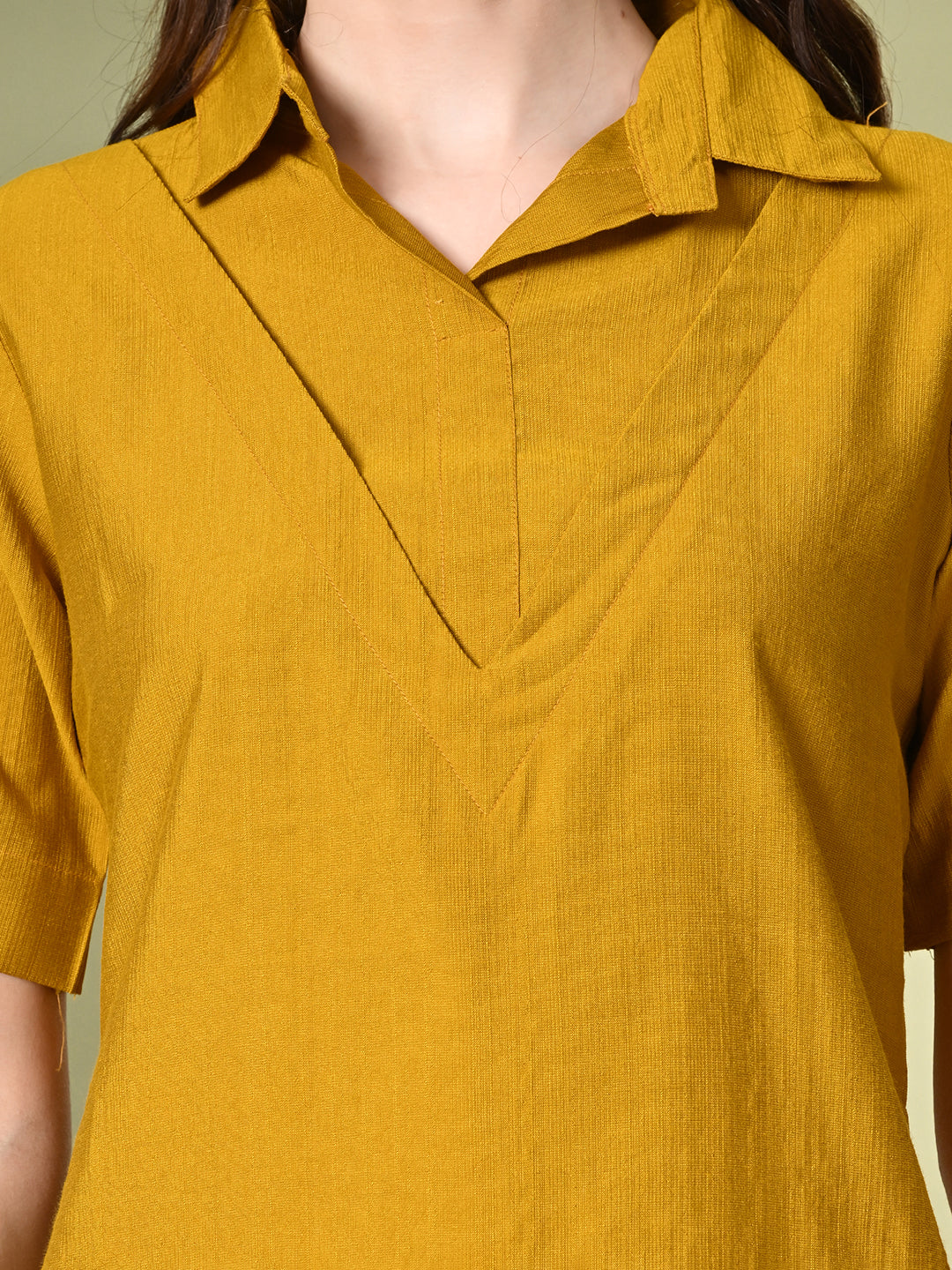 Myshka Women's Solid A-Line Collared Neck Casual Tunic In Mustard Color - Distacart