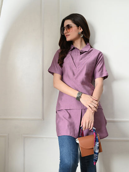 Myshka Women's Solid A-Line Collared Neck Casual Tunic In Lavender Color - Distacart