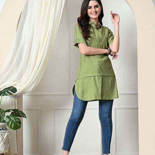 Myshka Women's Solid A-Line Collared Neck Casual Tunic In Green Color - Distacart