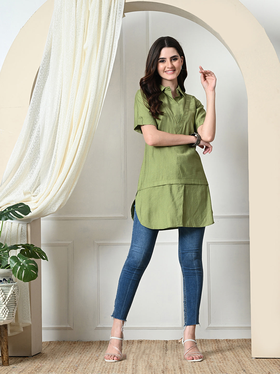 Myshka Women's Solid A-Line Collared Neck Casual Tunic In Green Color - Distacart