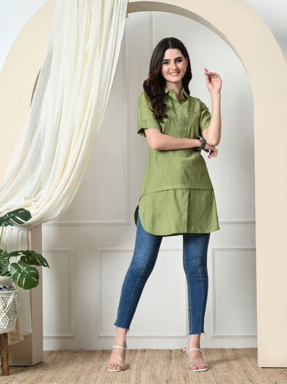 Myshka Women's Solid A-Line Collared Neck Casual Tunic In Green Color - Distacart