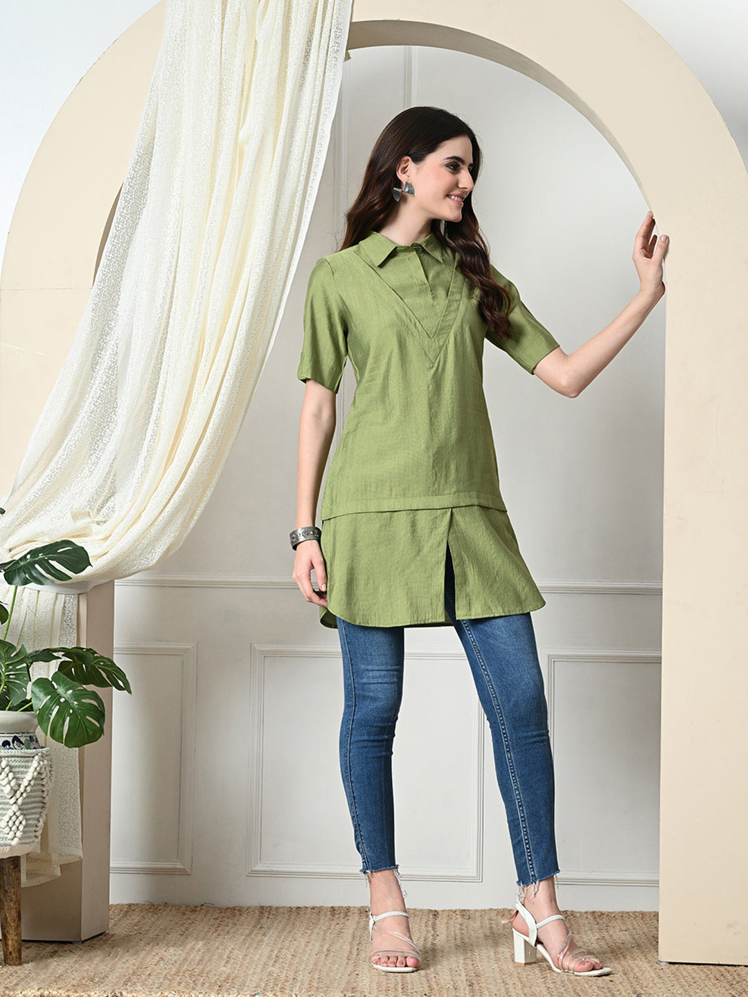 Myshka Women's Solid A-Line Collared Neck Casual Tunic In Green Color - Distacart