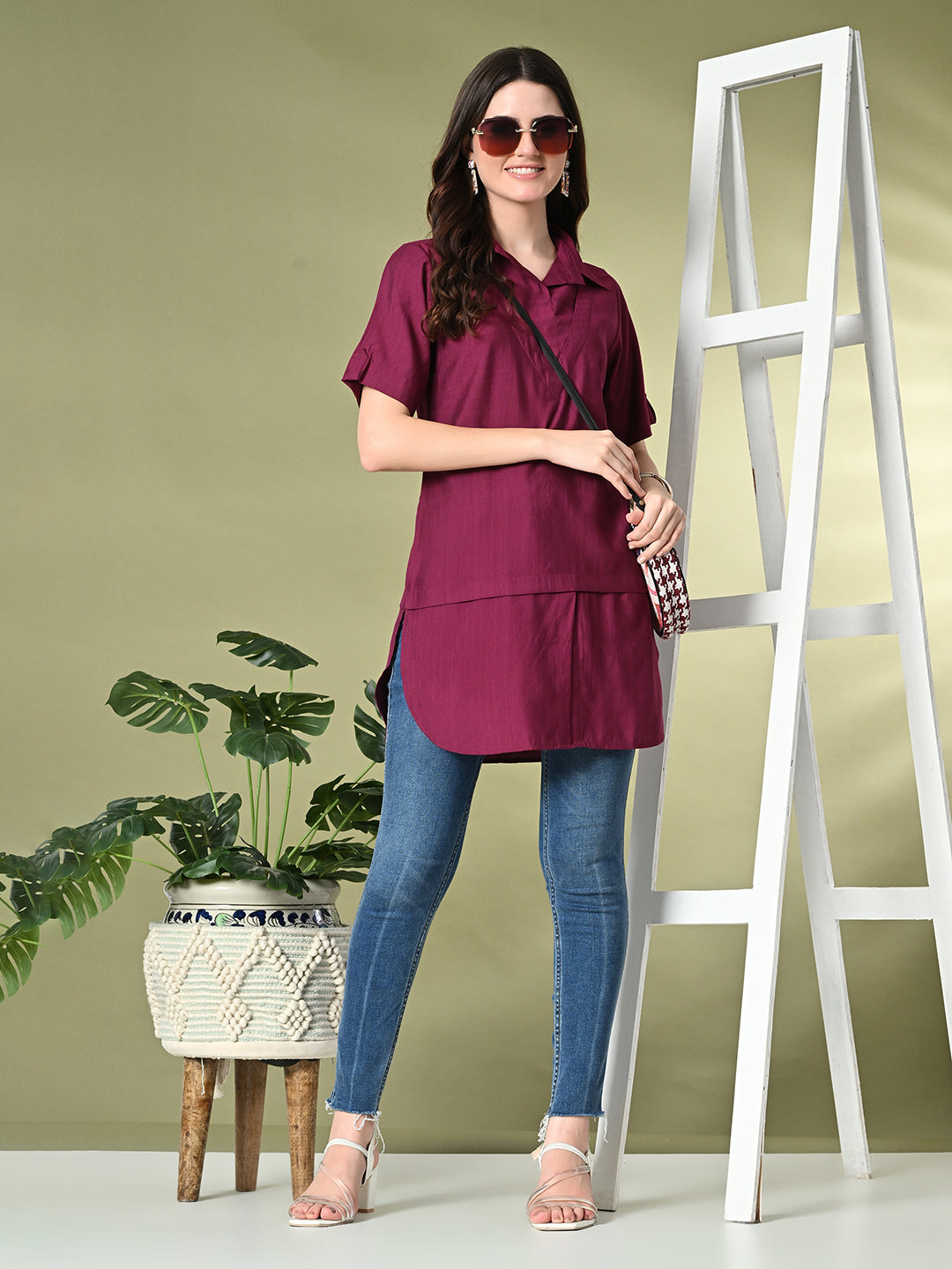 Myshka Women's Solid A-Line Collared Neck Casual Tunic In Wine Color - Distacart