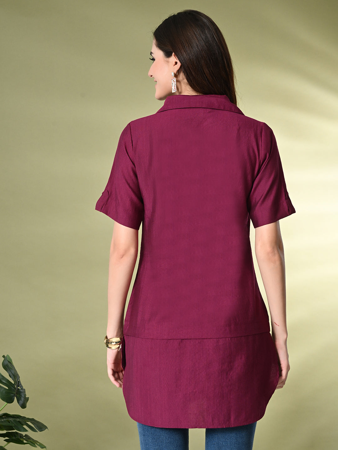 Myshka Women's Solid A-Line Collared Neck Casual Tunic In Wine Color - Distacart