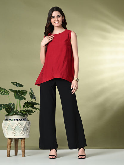 Myshka Women's Solid Embellished Sleeveless Casual Tops In Red Color - Distacart