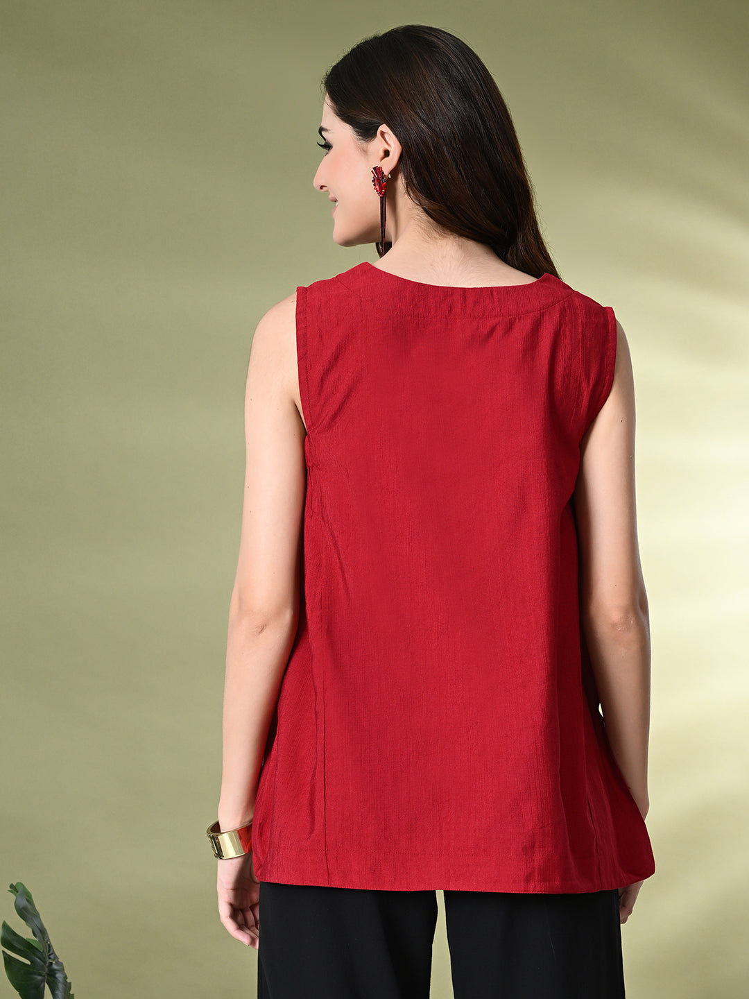 Myshka Women's Solid Embellished Sleeveless Casual Tops In Red Color - Distacart