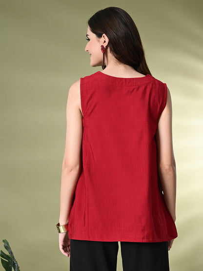 Myshka Women's Solid Embellished Sleeveless Casual Tops In Red Color - Distacart