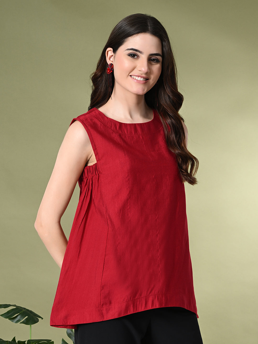 Myshka Women's Solid Embellished Sleeveless Casual Tops In Red Color - Distacart