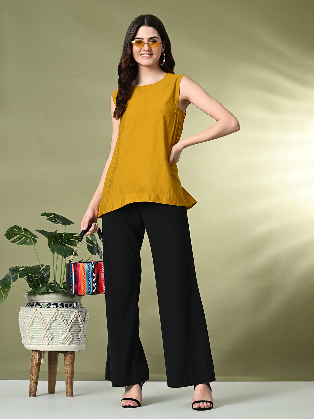 Myshka Women's Solid Embellished Sleeveless Casual Tops In Mustard Color - Distacart