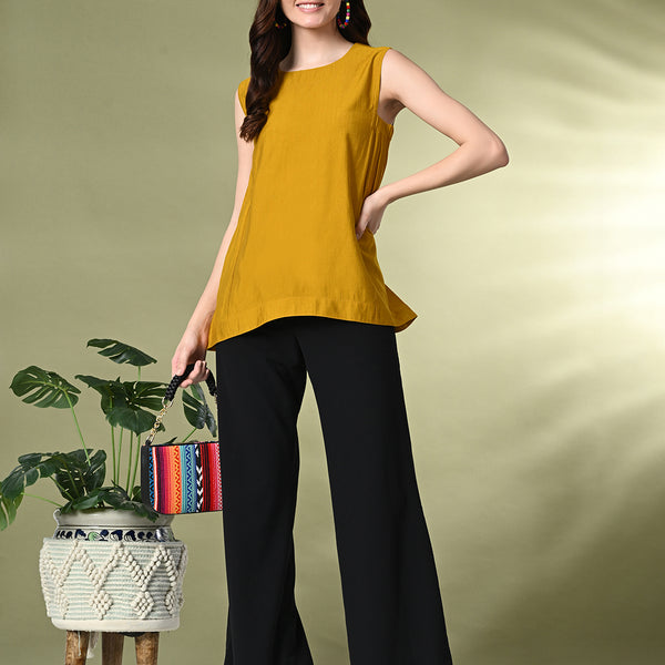 Myshka Women's Solid Embellished Sleeveless Casual Tops In Mustard Color - Distacart