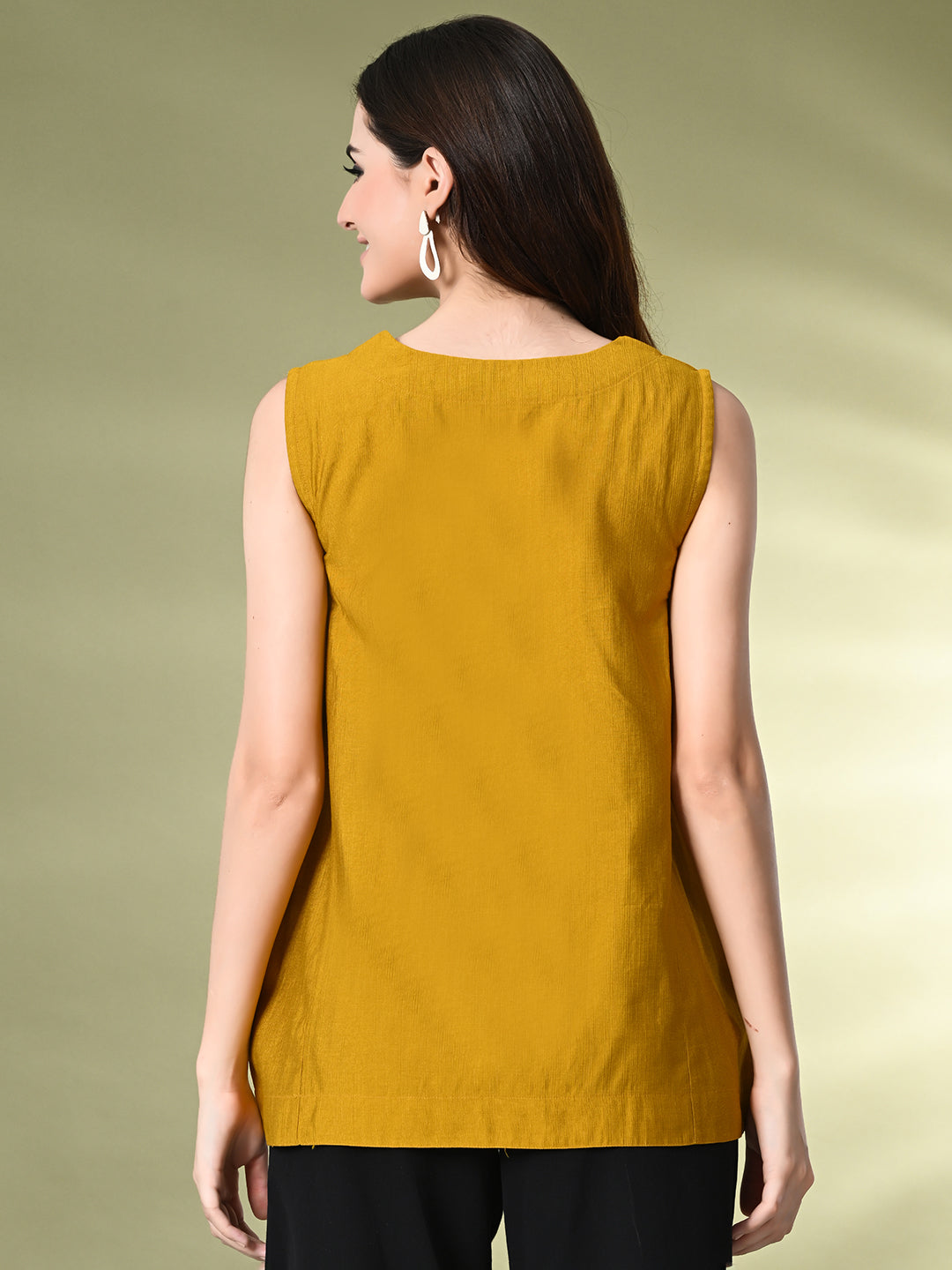 Myshka Women's Solid Embellished Sleeveless Casual Tops In Mustard Color - Distacart