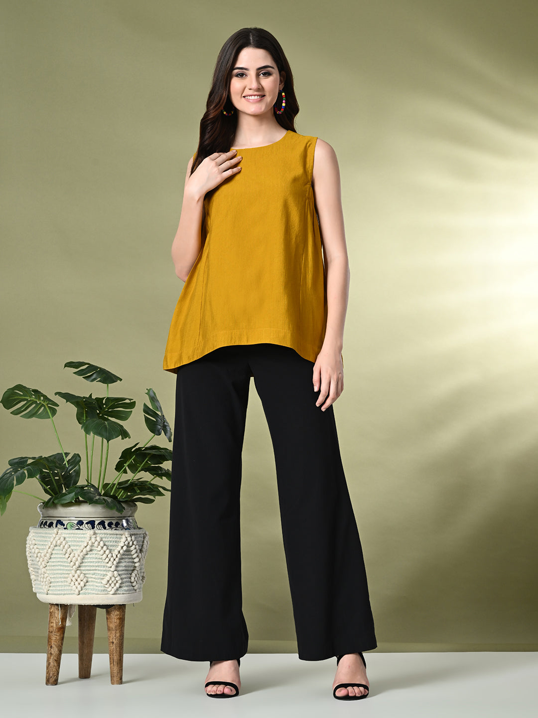 Myshka Women's Solid Embellished Sleeveless Casual Tops In Mustard Color - Distacart