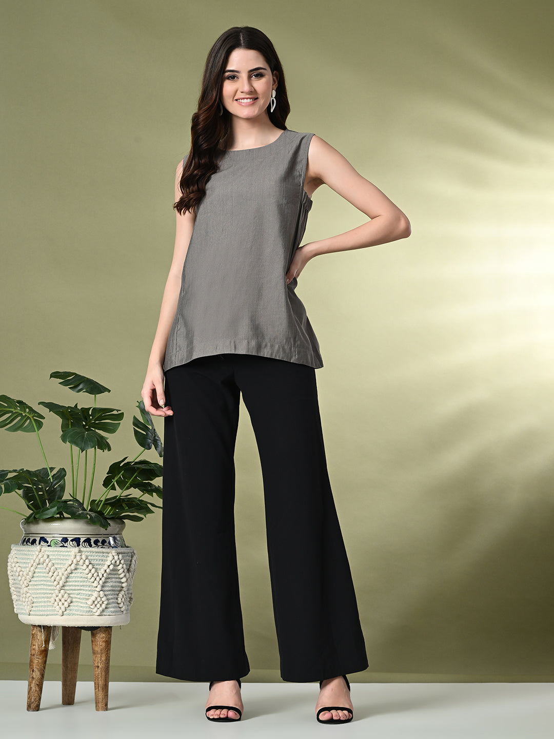 Myshka Women's Solid Embellished Sleeveless Casual Tops In Grey Color - Distacart