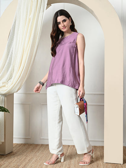 Myshka Women's Solid Embellished Sleeveless Casual Tops In Lavender Color - Distacart