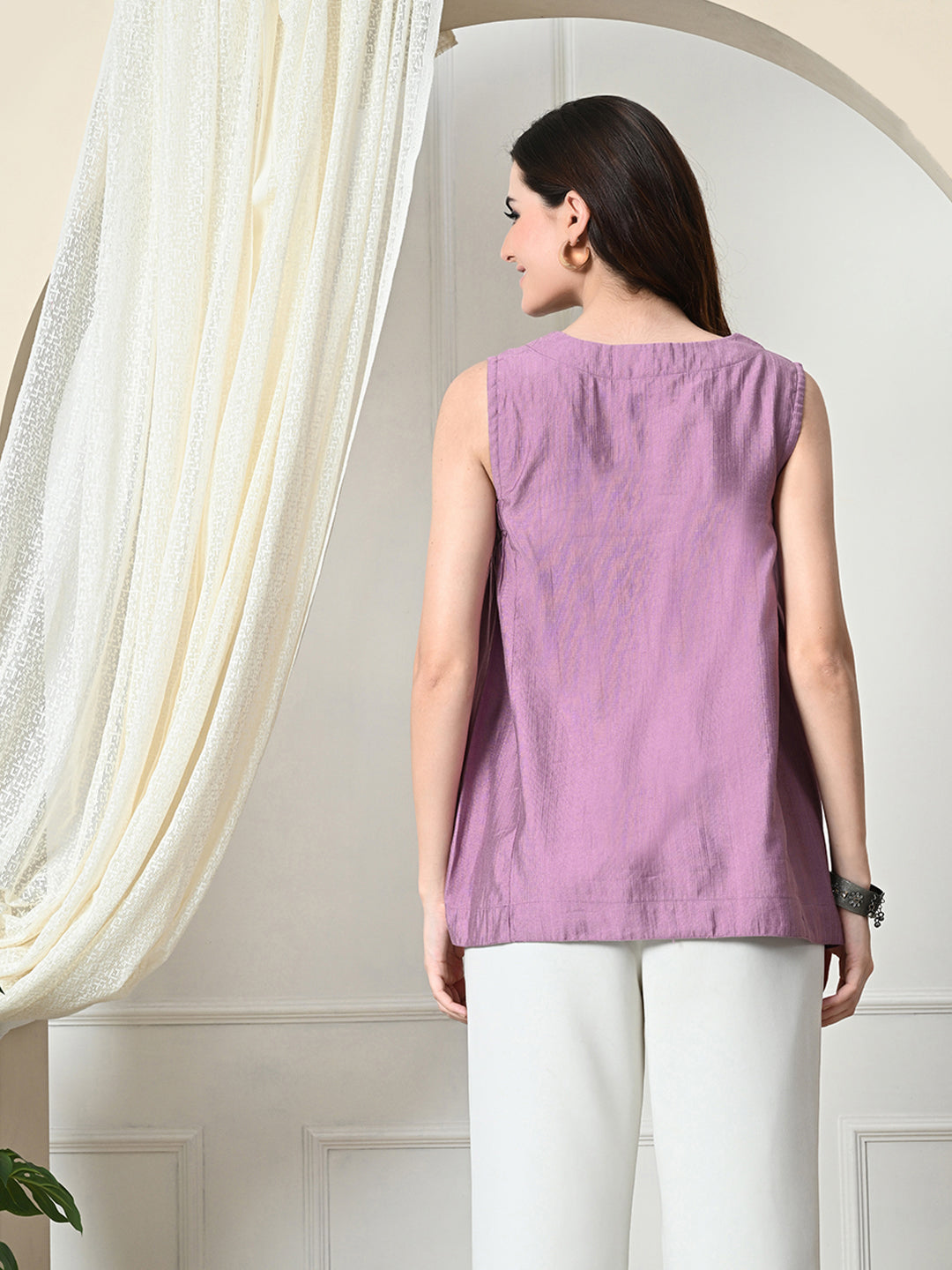 Myshka Women's Solid Embellished Sleeveless Casual Tops In Lavender Color - Distacart