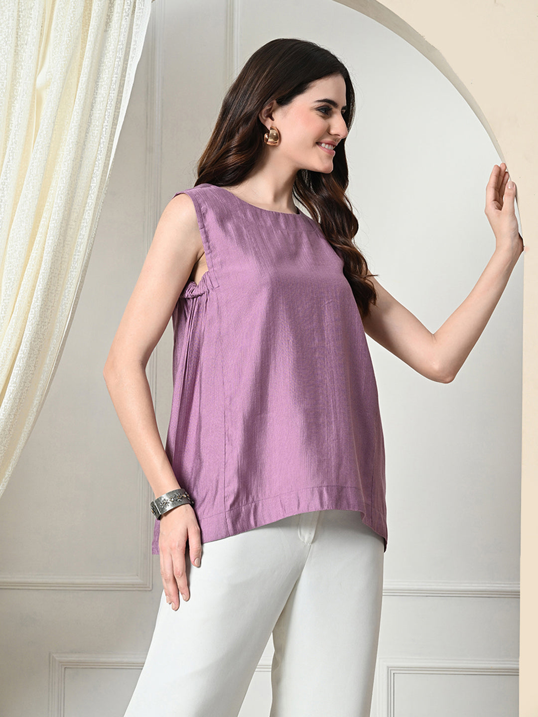 Myshka Women's Solid Embellished Sleeveless Casual Tops In Lavender Color - Distacart
