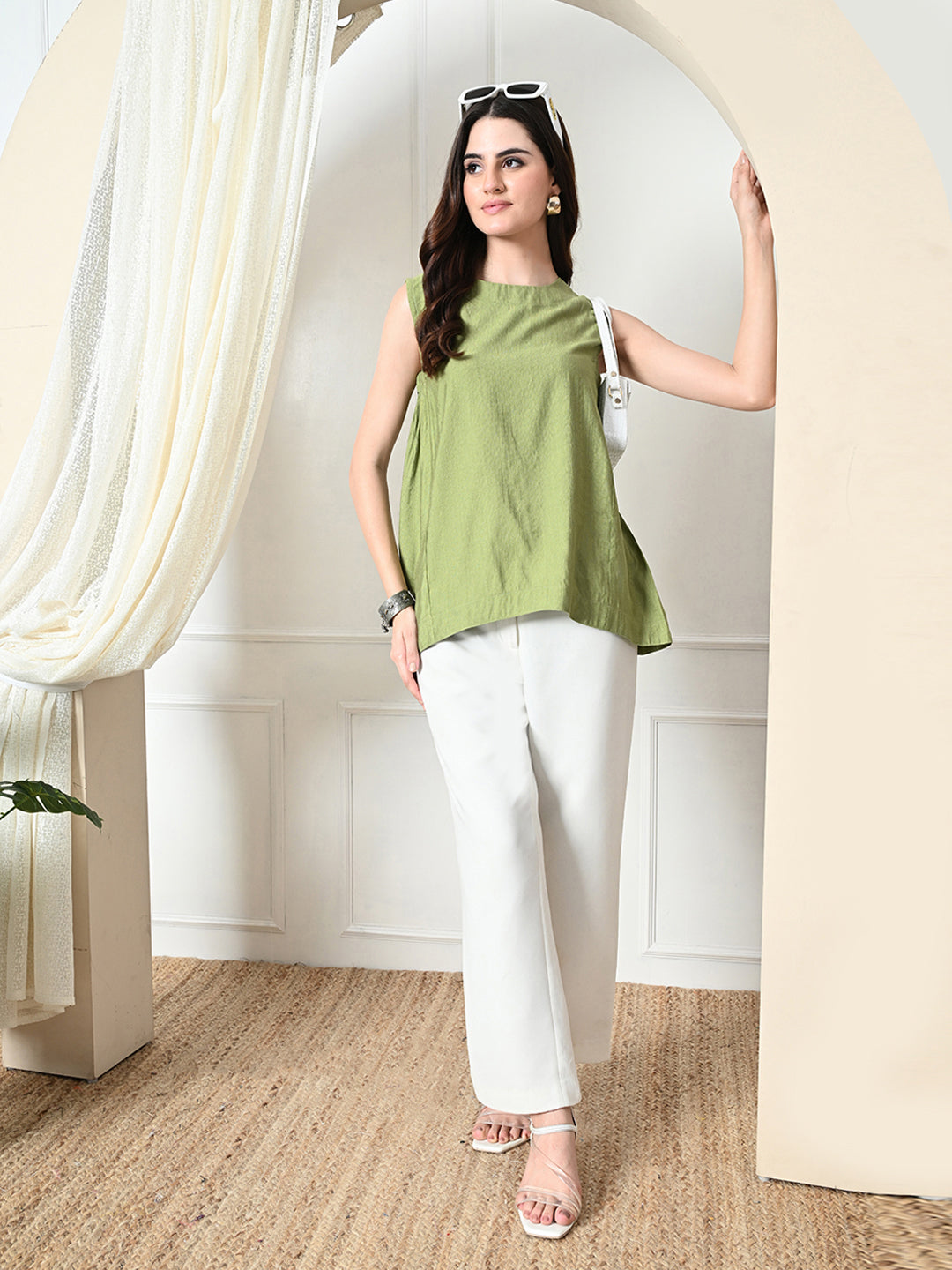 Myshka Women's Solid Embellished Sleeveless Casual Tops In Green Color - Distacart