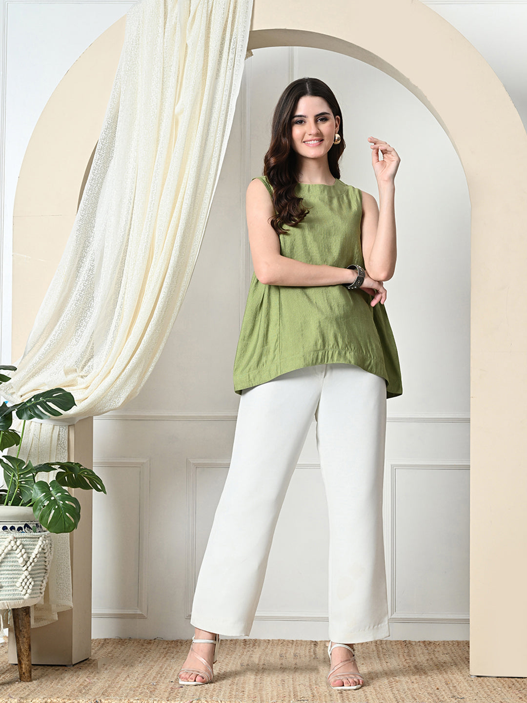 Myshka Women's Solid Embellished Sleeveless Casual Tops In Green Color - Distacart