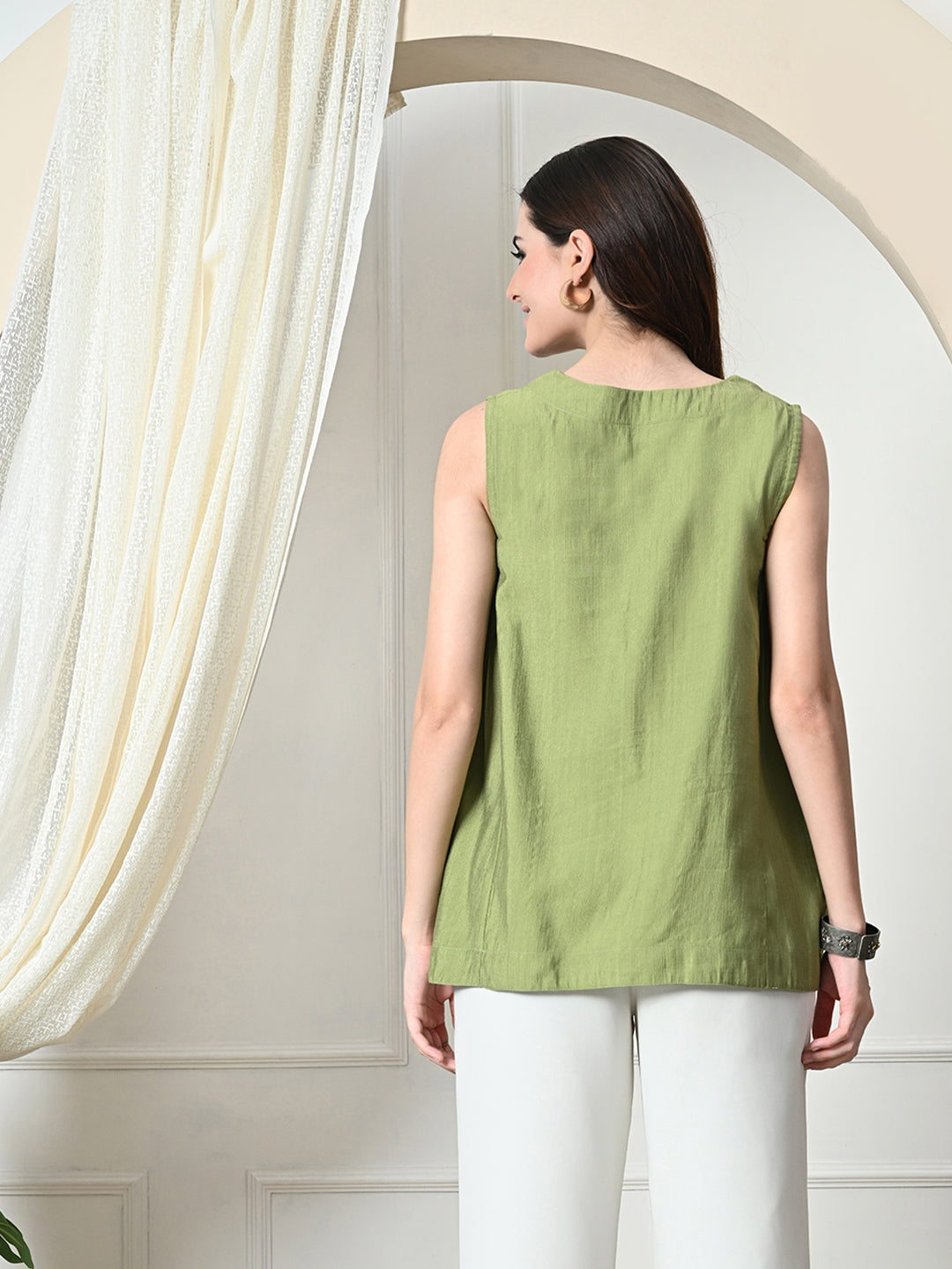 Myshka Women's Solid Embellished Sleeveless Casual Tops In Green Color - Distacart