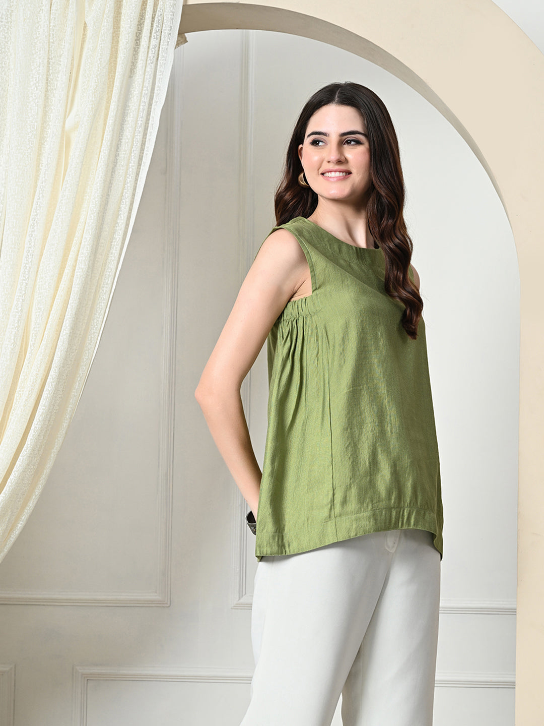 Myshka Women's Solid Embellished Sleeveless Casual Tops In Green Color - Distacart