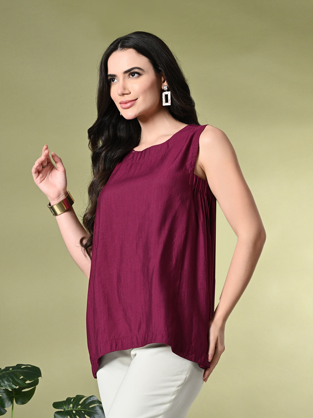 Myshka Women's Solid Embellished Sleeveless Casual Tops In Wine Color - Distacart