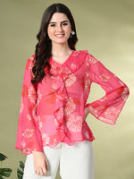 Thumbnail for Myshka Women's Printed Georgette Embellished Long Sleeves Casual Tops In Pink Color - Distacart