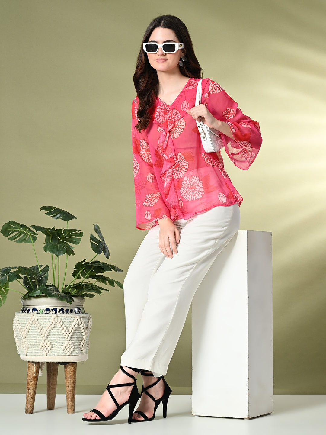 Myshka Women's Printed Georgette Embellished Long Sleeves Casual Tops In Pink Color - Distacart