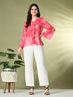 Thumbnail for Myshka Women's Printed Georgette Embellished Long Sleeves Casual Tops In Pink Color - Distacart