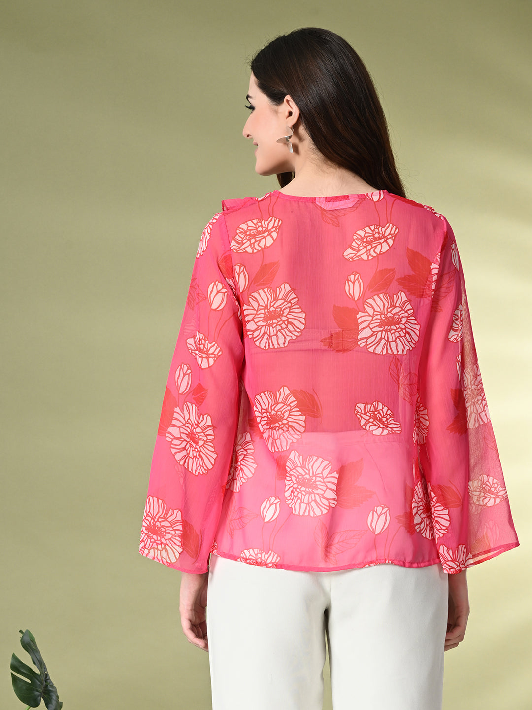 Myshka Women's Printed Georgette Embellished Long Sleeves Casual Tops In Pink Color - Distacart