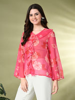 Thumbnail for Myshka Women's Printed Georgette Embellished Long Sleeves Casual Tops In Pink Color - Distacart