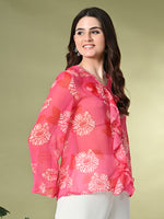 Thumbnail for Myshka Women's Printed Georgette Embellished Long Sleeves Casual Tops In Pink Color - Distacart