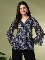 Thumbnail for Myshka Women's Printed Georgette Embellished Long Sleeves Casual Tops In Black Color - Distacart