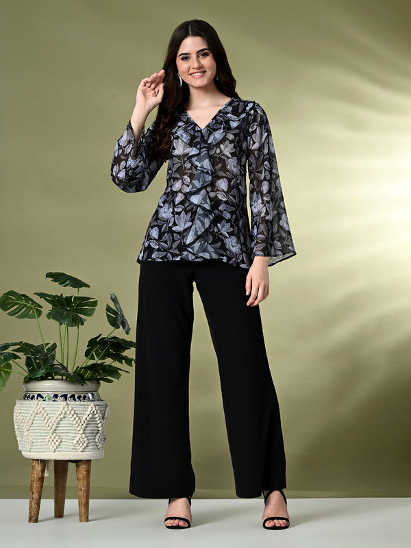 Myshka Women's Printed Georgette Embellished Long Sleeves Casual Tops In Black Color - Distacart