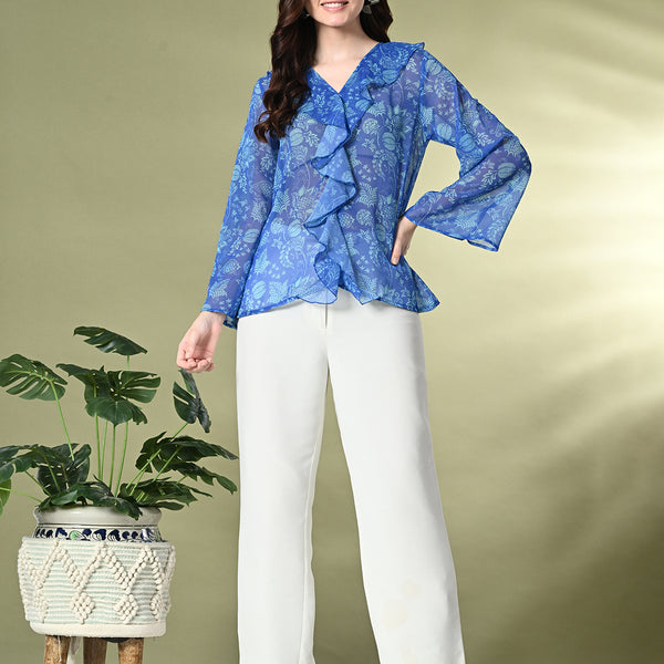 Myshka Women's Printed Georgette Embellished Long Sleeves Casual Tops In Blue Color - Distacart