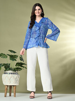 Myshka Women's Printed Georgette Embellished Long Sleeves Casual Tops In Blue Color - Distacart