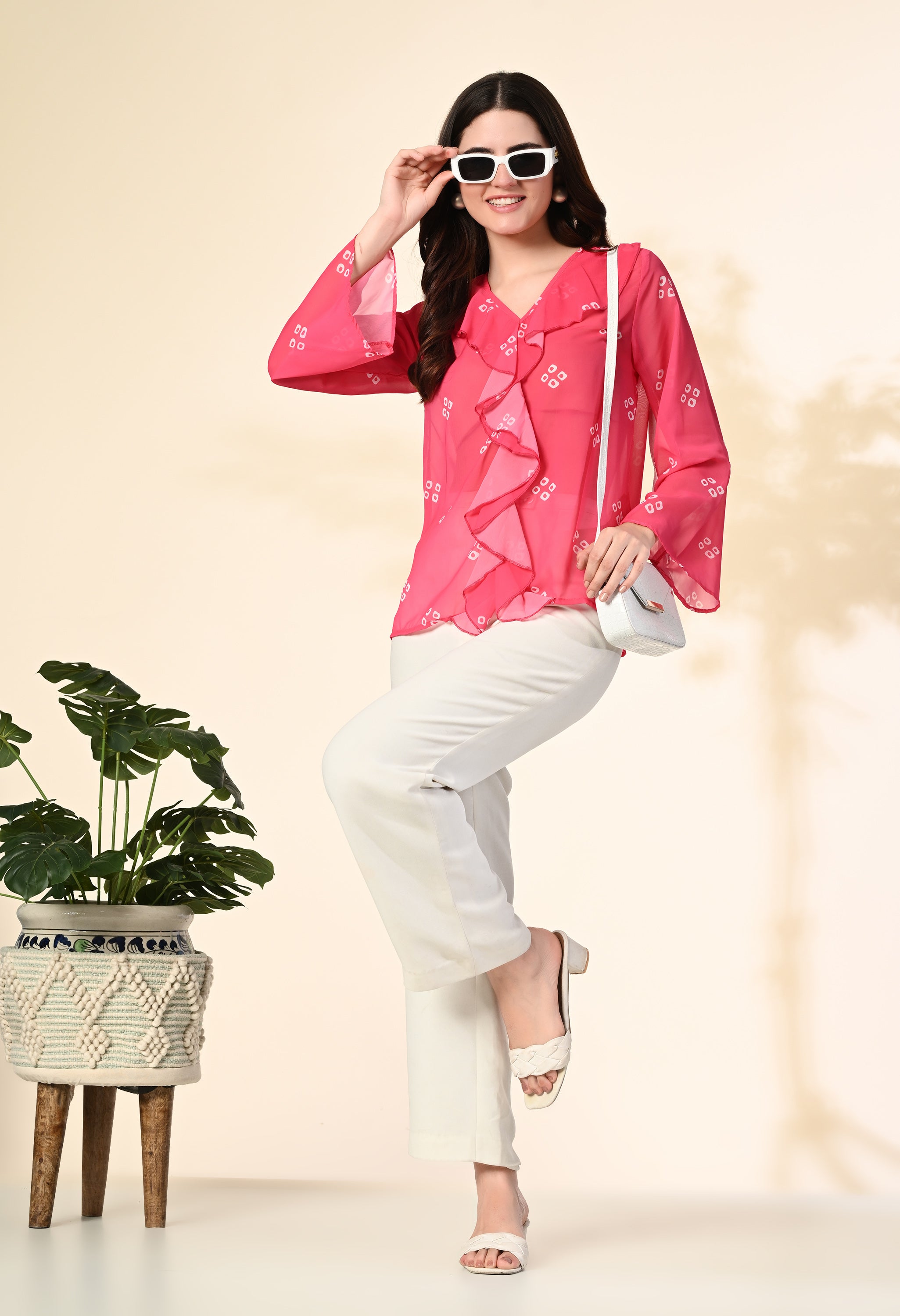 Myshka Women's Printed Georgette Embellished Long Sleeves Casual Tops In Pink Color - Distacart