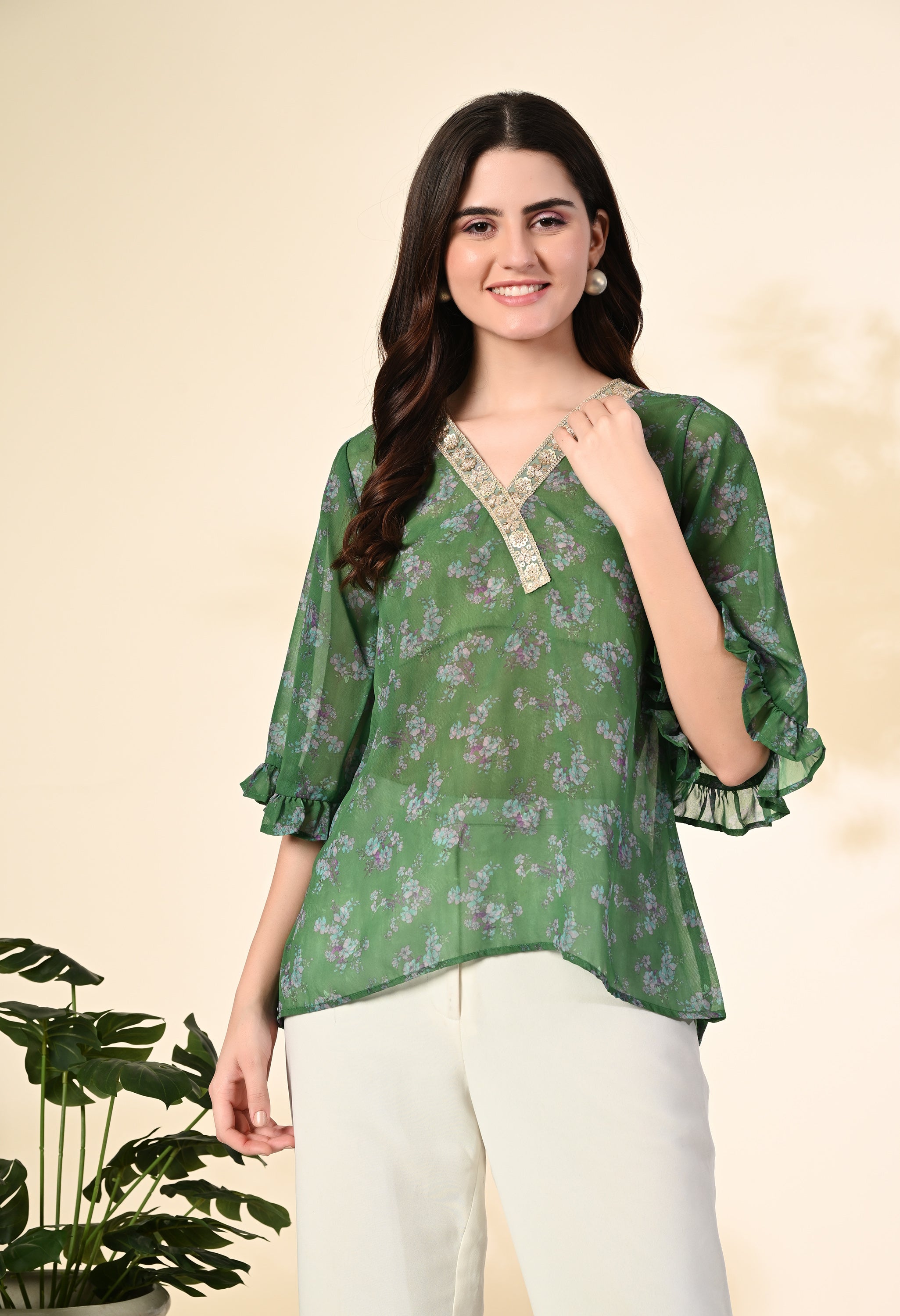 Myshka Women's Printed Georgette Embellished Bell Sleeves Party Tops In Green Color - Distacart