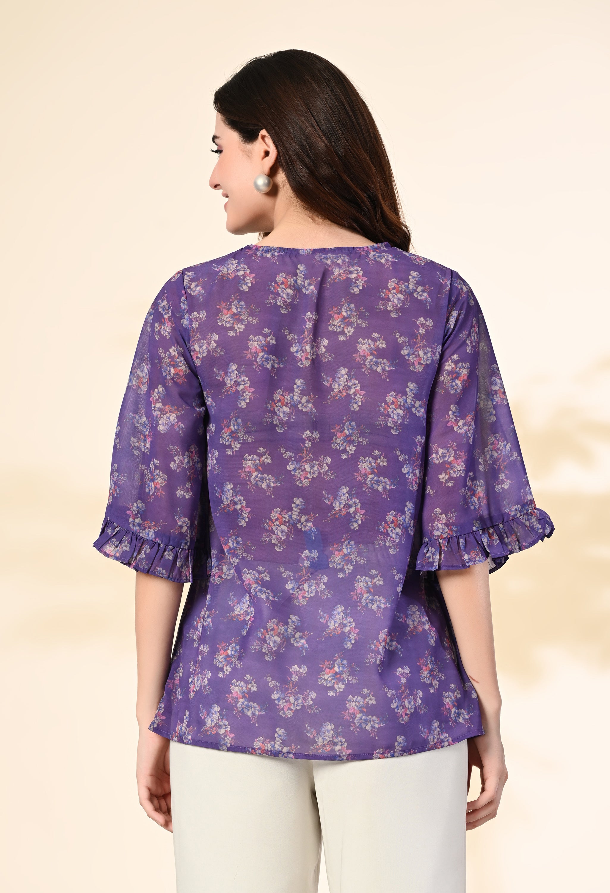 Myshka Women's Printed Georgette Embellished Bell Sleeves Party Tops In Purple Color - Distacart