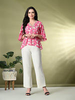 Thumbnail for Myshka Women's Printed Georgette Embellished Bell Sleeves Party Tops In Pink Color - Distacart