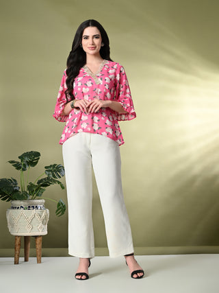 Myshka Women's Printed Georgette Embellished Bell Sleeves Party Tops In Pink Color - Distacart