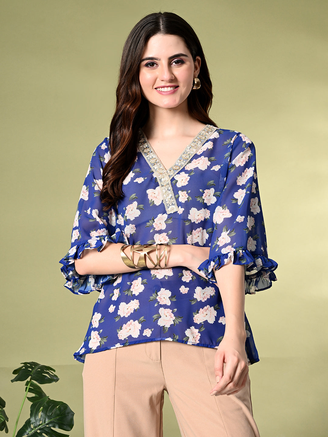 Myshka Women's Printed Georgette Embellished Bell Sleeves Party Tops In Blue Color - Distacart