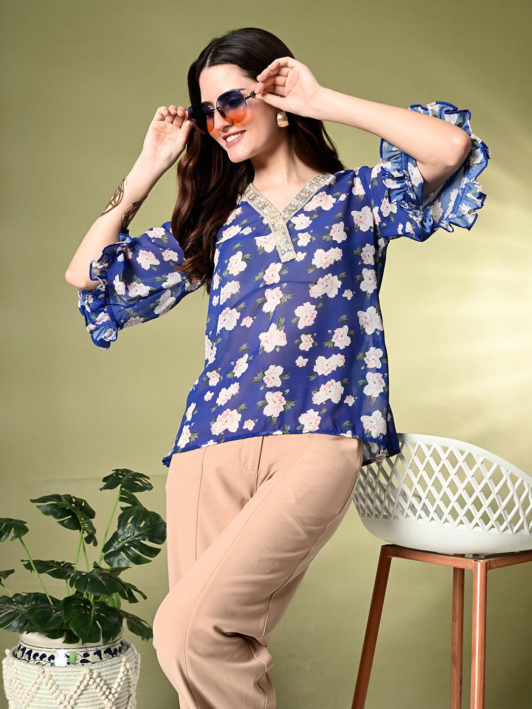 Myshka Women's Printed Georgette Embellished Bell Sleeves Party Tops In Blue Color - Distacart