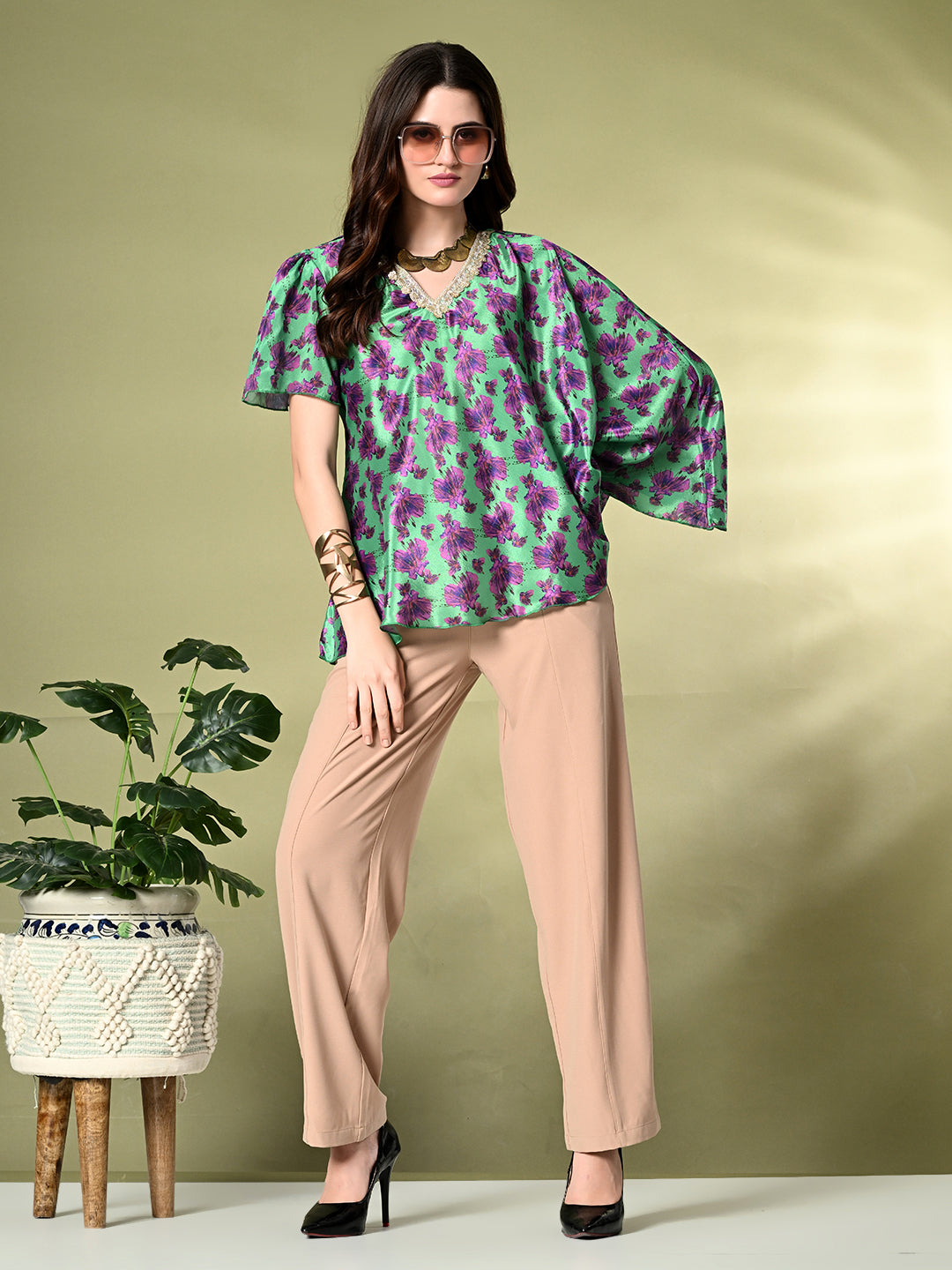 Myshka Women's Printed Chinon Kaftan Style Flayerd Sleeves Party Tops In Green Color - Distacart