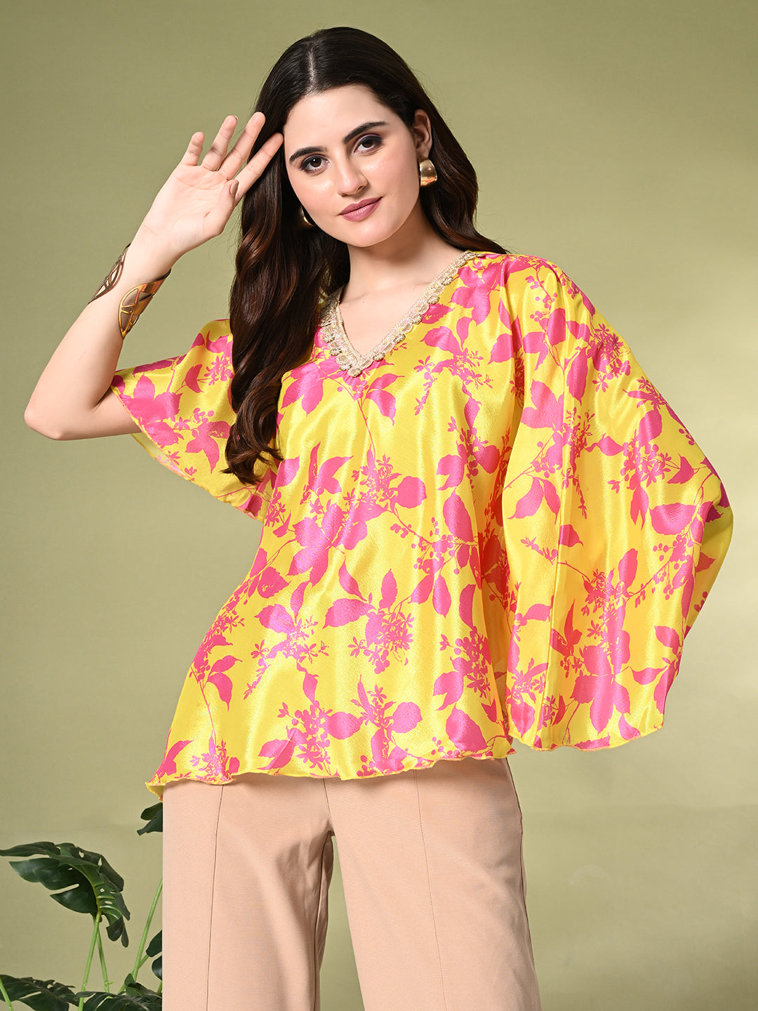 Myshka Women's Printed Chinon Kaftan Style Flayerd Sleeves Party Tops In Yellow Color - Distacart