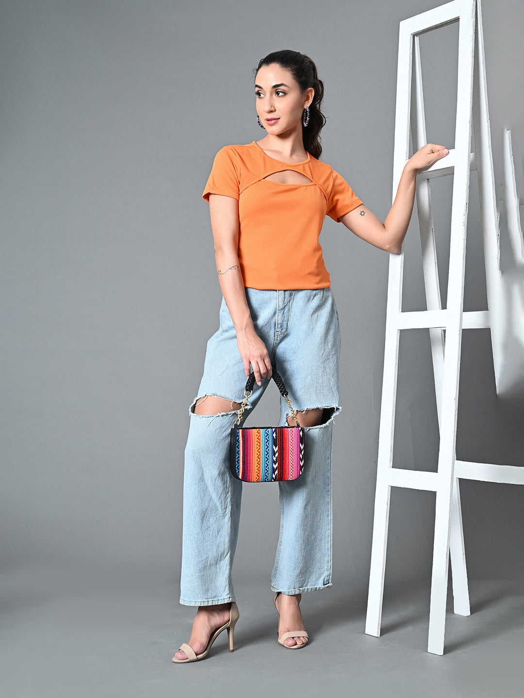 Myshka Women's Ribbed Round Neck Cut-out Short Sleeves Top in Orange Color - Distacart